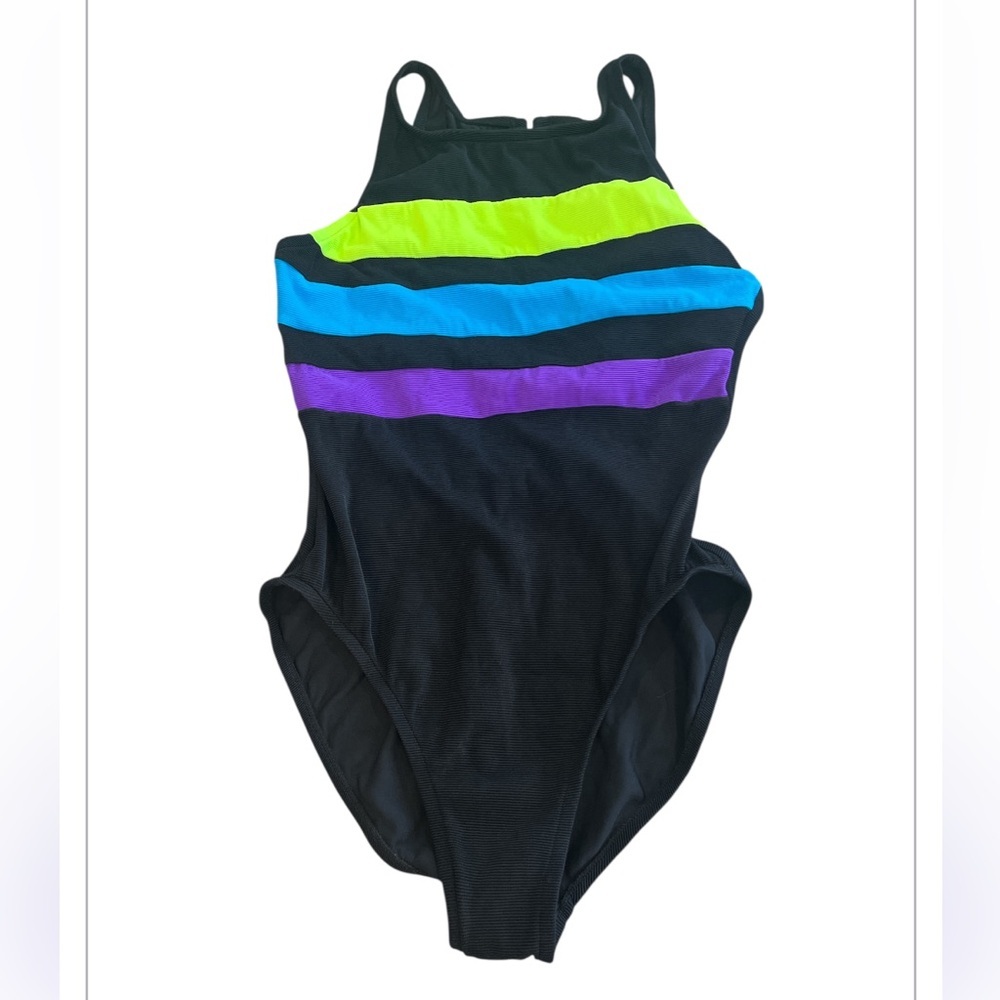 Black One-Piece Swimsuit with Neon Stripe Accents